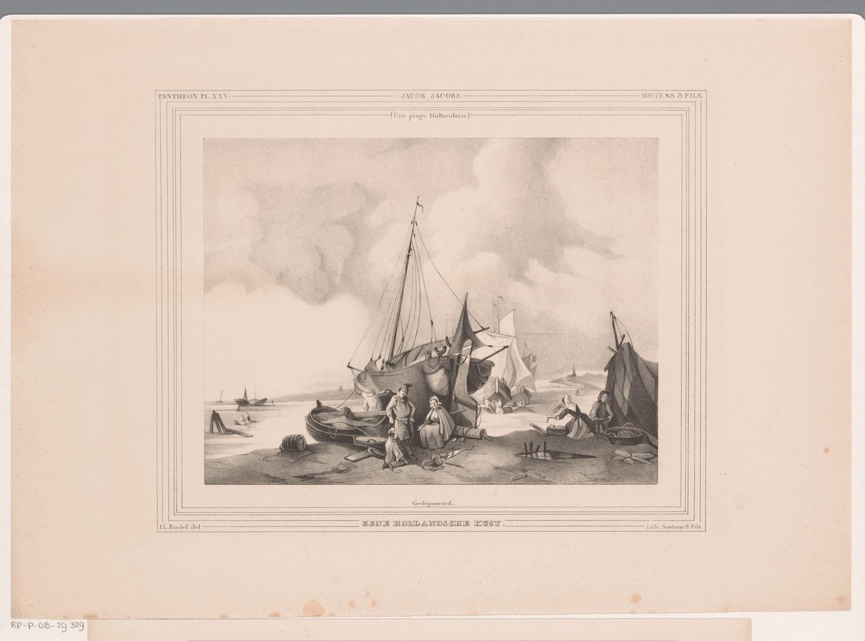 Dutch Coast with Boats and People by Johannes Lodewijk Riedel