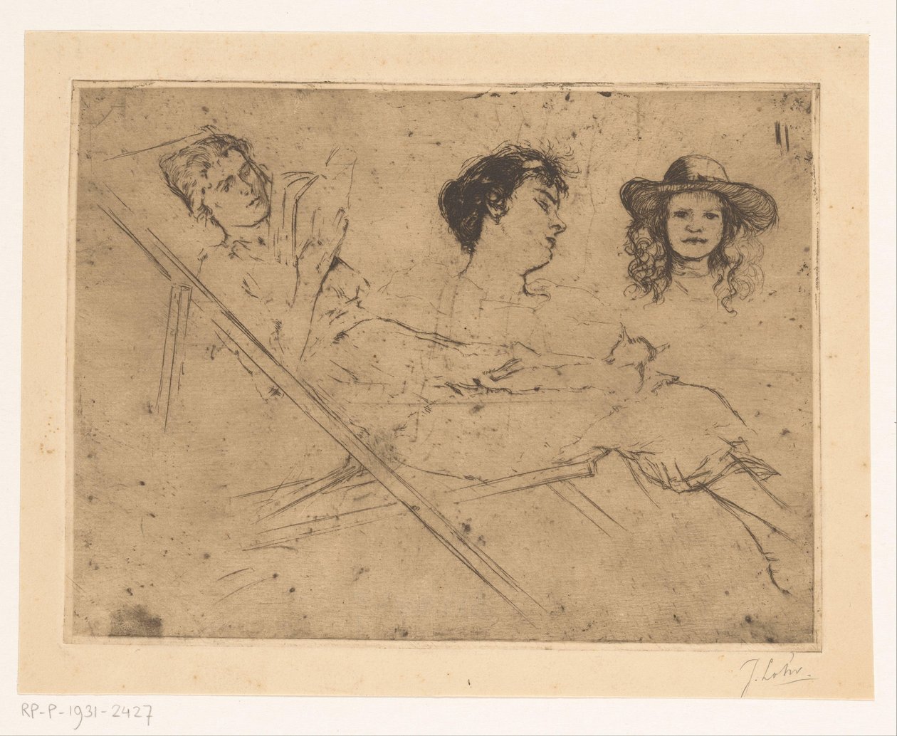 Study of a Woman in a Deck Chair and Two Heads by Johannes Löhr