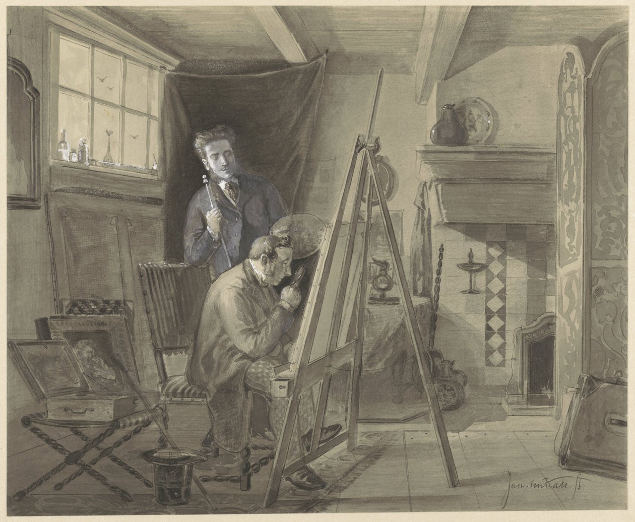 Self-Portrait of Johannes Marius van Kate, Standing in His Studio with a Visitor by Johannes Marius ten Kate