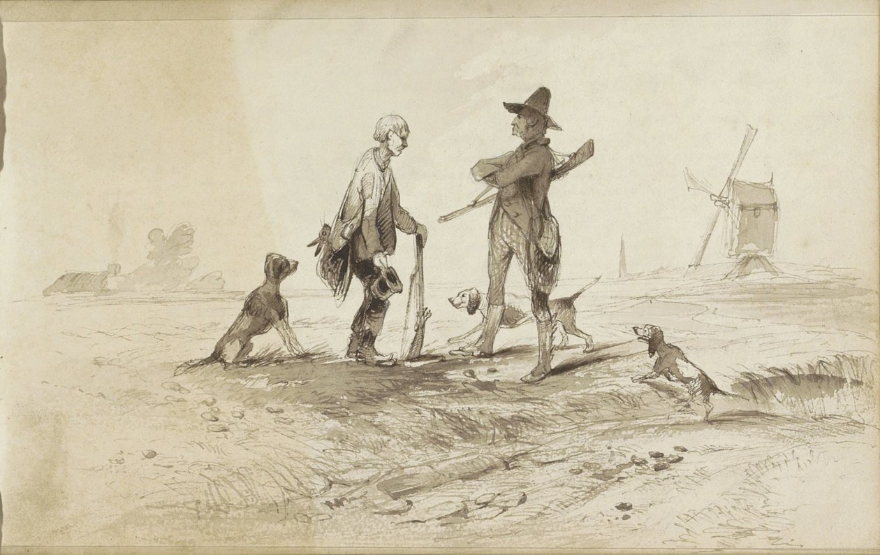Hunters with Dogs in a Landscape with a Mill by Johannes Tavenraat