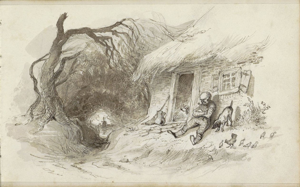 Man Sitting in Front of a House with a Thatched Roof by a Ditch by Johannes Tavenraat