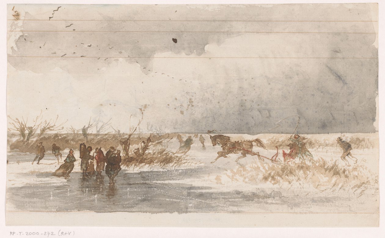 Skaters and Sleigh on the Ice by Johannes Tavenraat