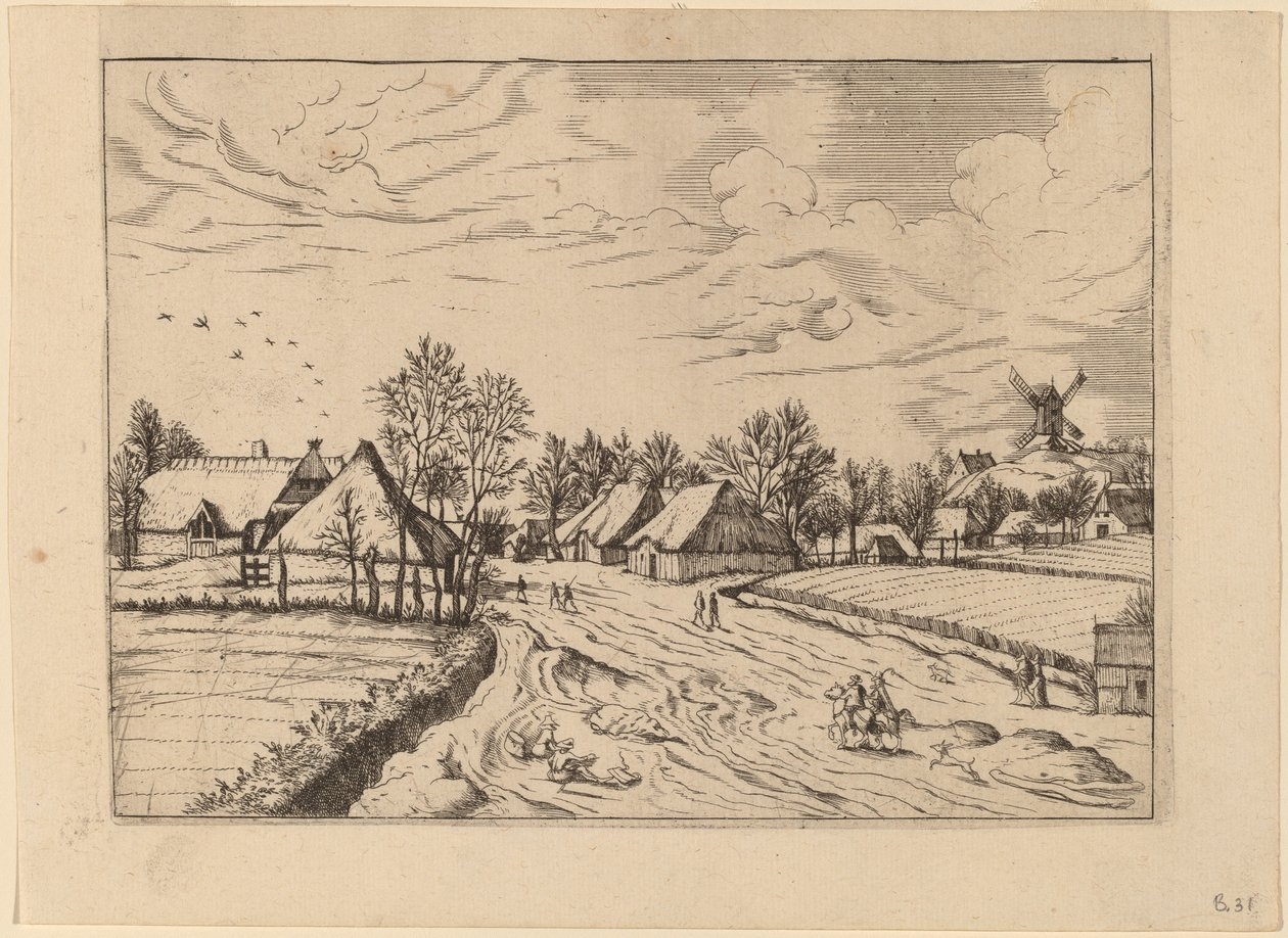 Country Village with Post Mill by Johannes and Lucas van Doetechum after Master of the Small Landscapes