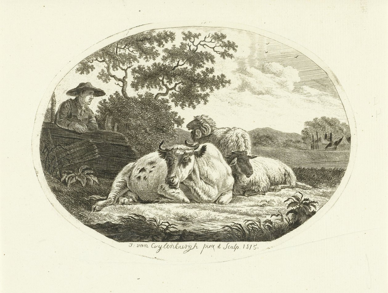 Cow, Sheep, and Ram in Meadow with Farmer Leaning on Fence by Johannes van Cuylenburgh