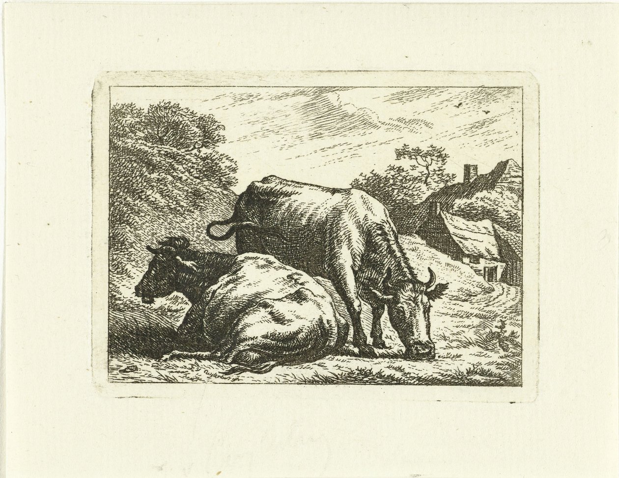 Two Cows Along Road by Farm by Johannes van Cuylenburgh