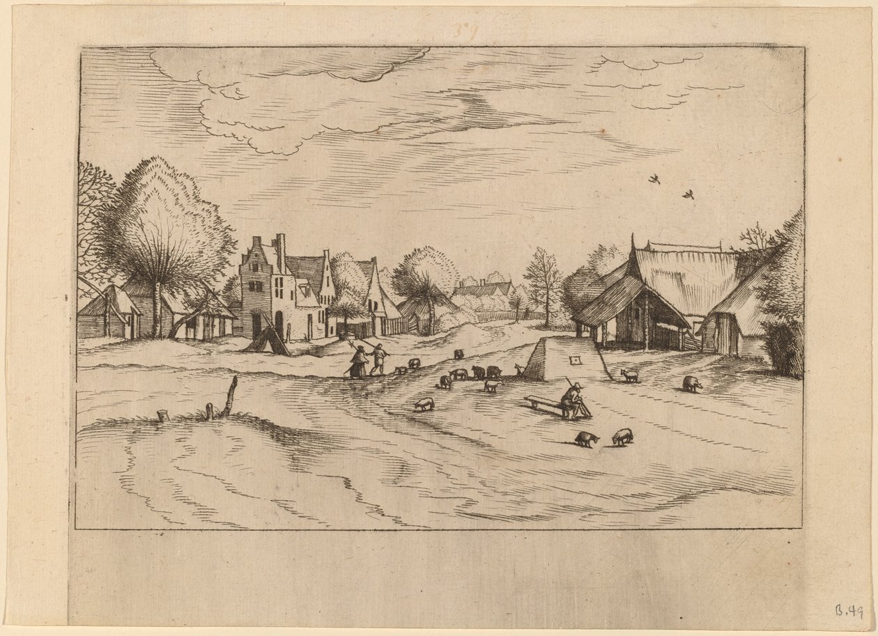 Country Village with Sheep and Sitting Shepherd by Johannes van Doetechum, the Elder and Lucas