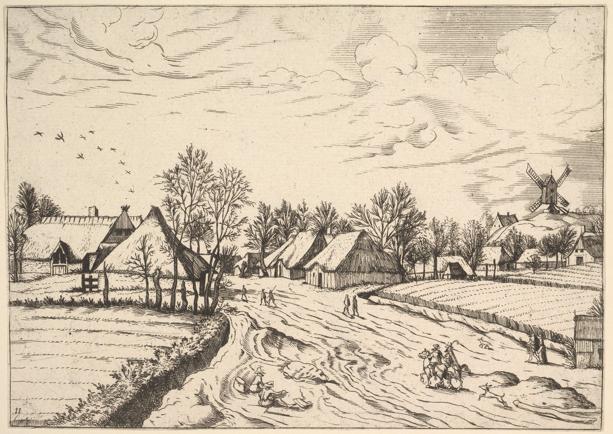 Country Village with Post Mill from Multifariarum casularum ruriumque lineamenta curios by Johannes van Doetecum I