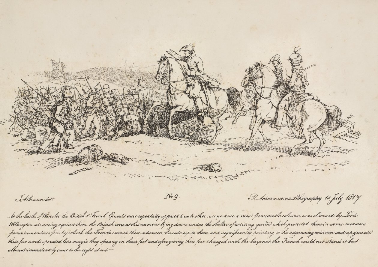 Wellington directing a charge of the guards against a column of French at Waterloo, lithograph by R. Ackermann, 1815 by John Augustus Atkinson