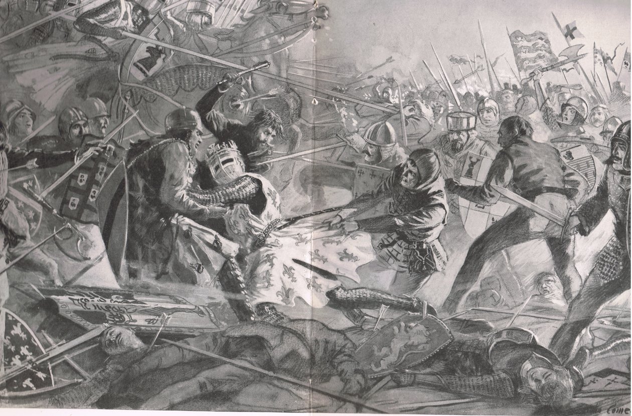 Philip charged again and again until he was pulled off his horse by the English infantry, illustration from 