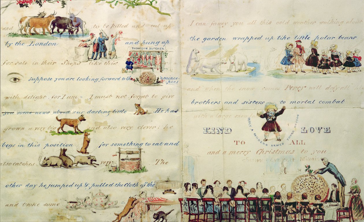 A Christmas letter written with pictograms (pen and ink and wc on paper) by John Everett Millais
