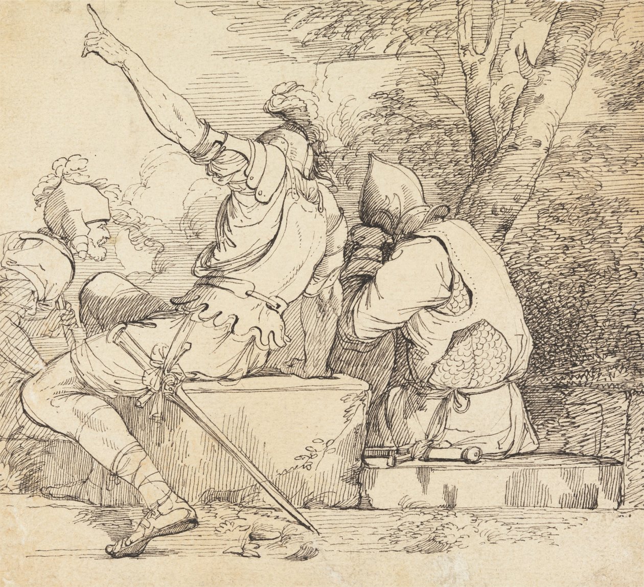 Three Soldiers in Armor Sitting on Stone Blocks by John Hamilton Mortimer
