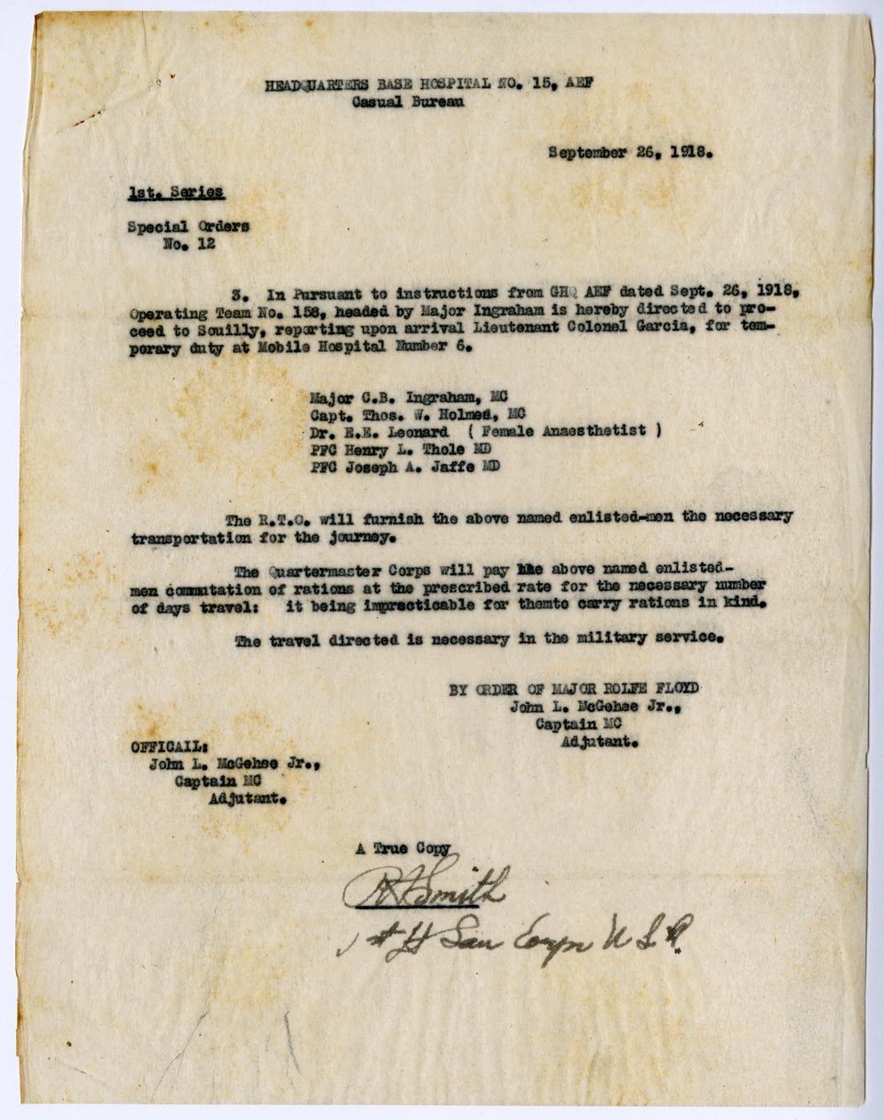 Special Orders No. 12 Extract, Headquarters Base Hospital No. 15, Casual Bureau, by order of Rolfe Floyd, September 26, 1918 by John L. McGehee