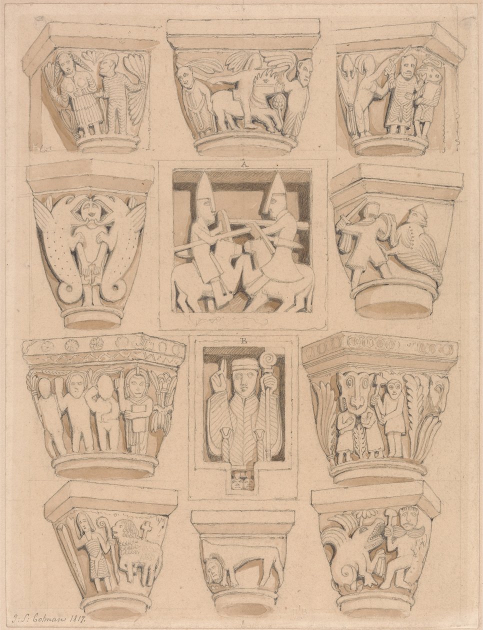 Capitals and A and B Bas-Reliefs in the Abbey Church of Saint Georges de Bocherville, near Rouen, Normandy by John Sell Cotman