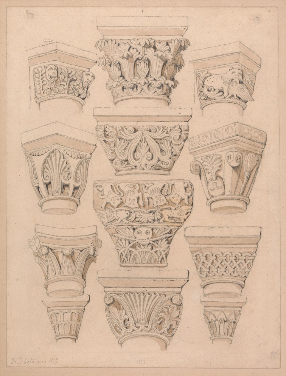 Capitals in the Abbey Church of St. Georges de Bocherville, near Rouen, Normandy by John Sell Cotman