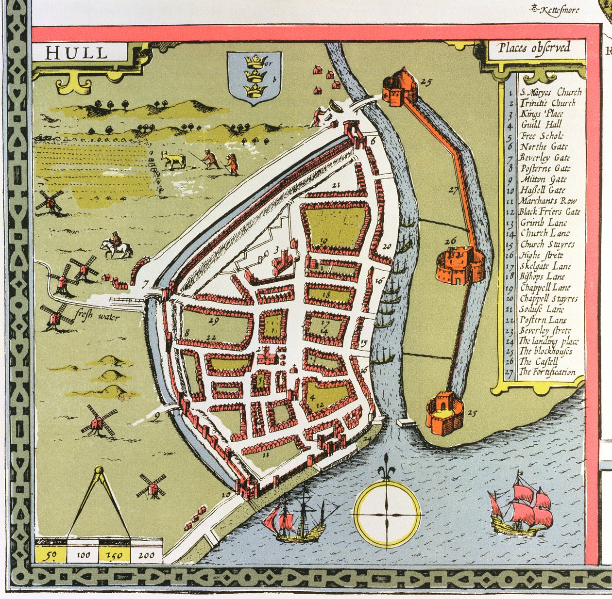 Hull, detail from the map of the North and East Ridings of Yorkshire, engraved by Jodocus Hondius from John Speed