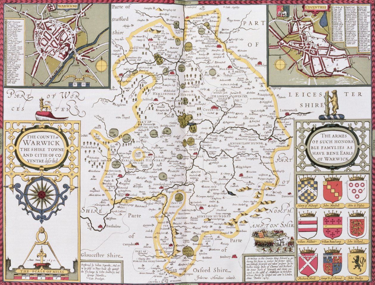 The County of Warwick, the Shire Town and the City of Coventry, Engraved by Jodocus Hondius from John Speed