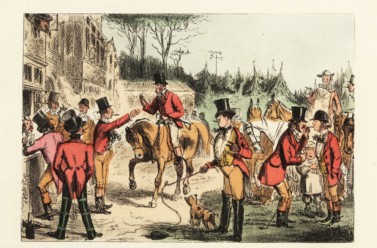 A huntsman in hunting pinks joins others drinking and smoking before a hunt by John (after) Leech