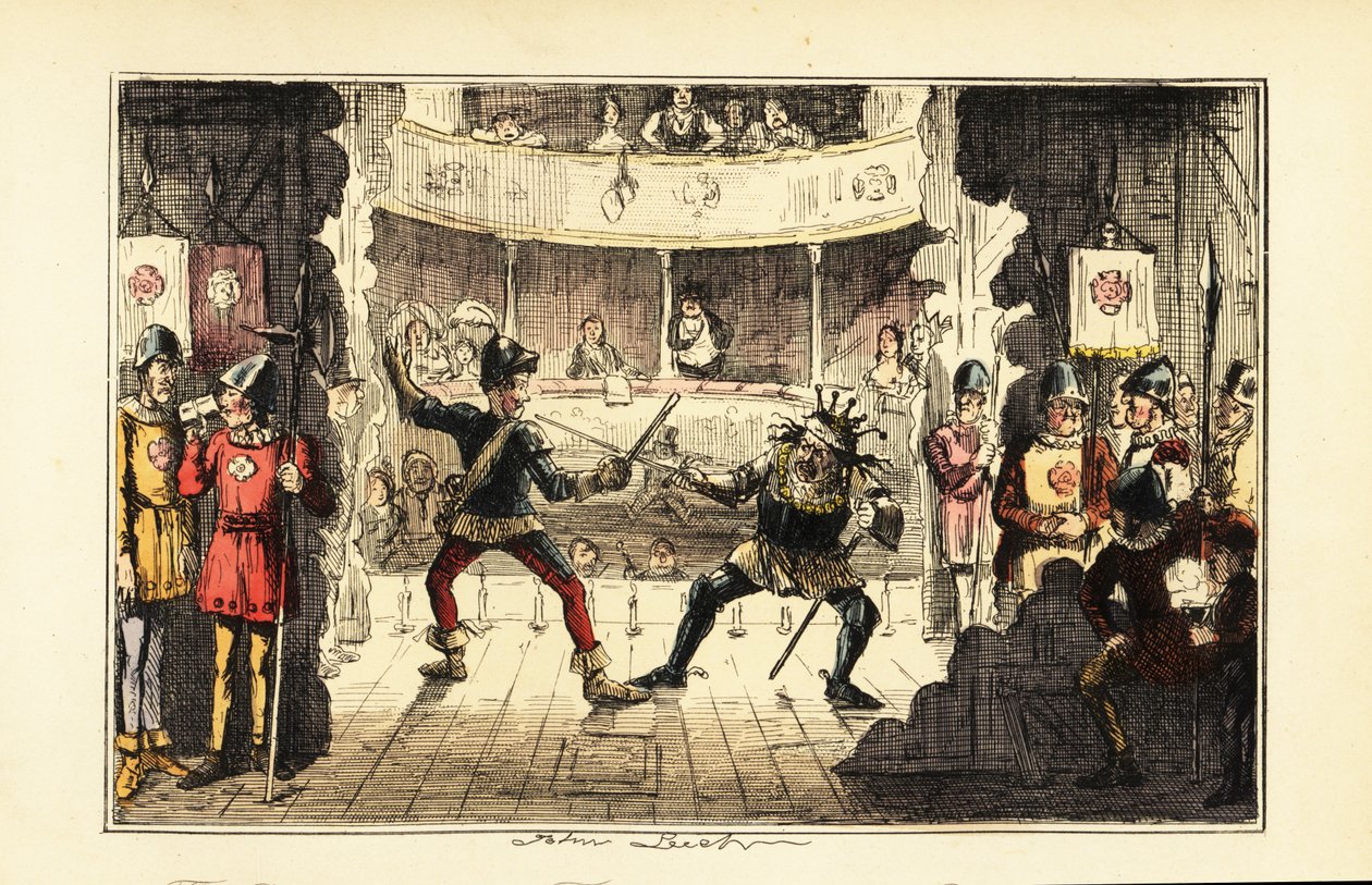 Actors Playing Henry Tudor Fighting King Richard III of England on Stage in a Theatre by John (after) Leech
