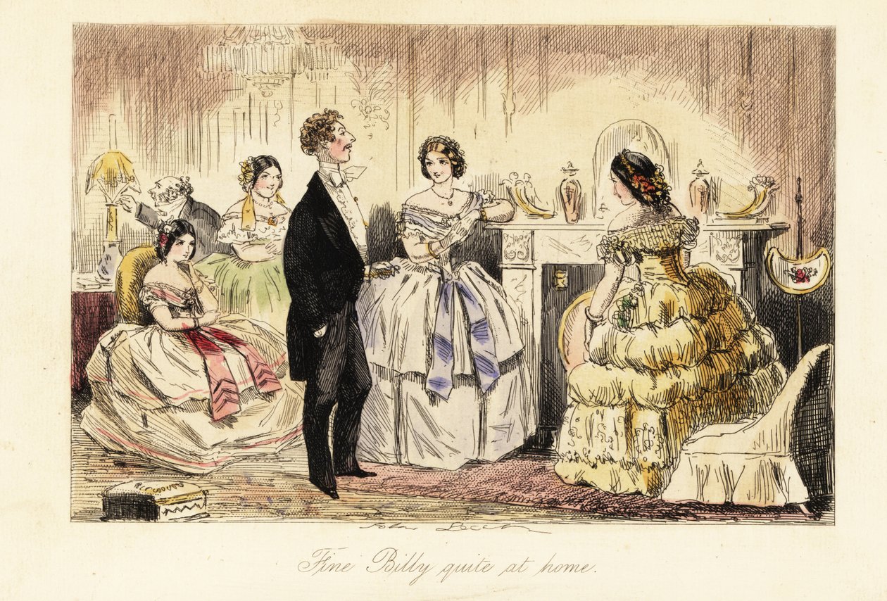 English Gentleman Visiting with a Lady and Her Daughters in a Drawing Room by John (after) Leech