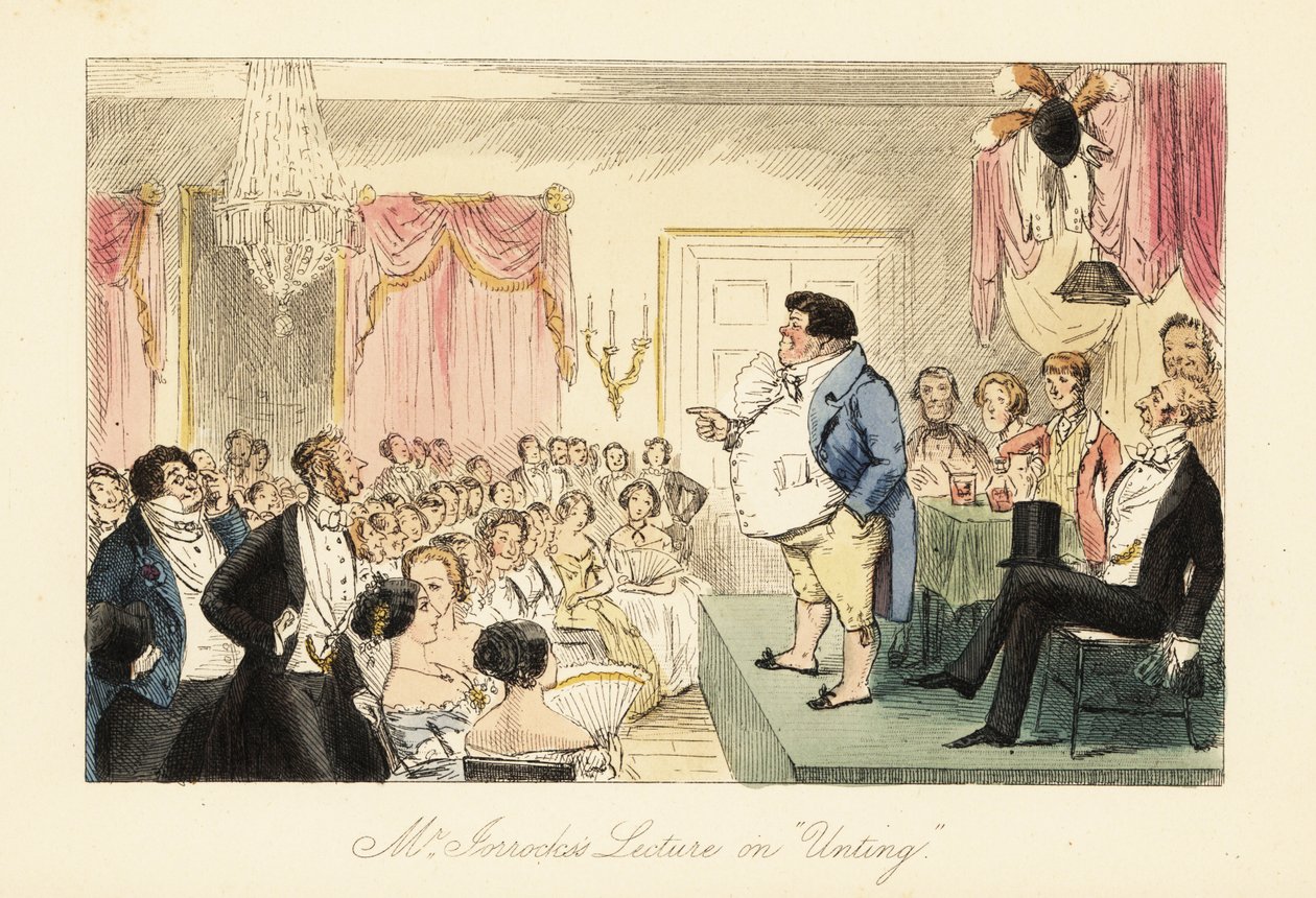 English grocer giving a lecture on hunting in a large room in the Dragon tavern by John (after) Leech