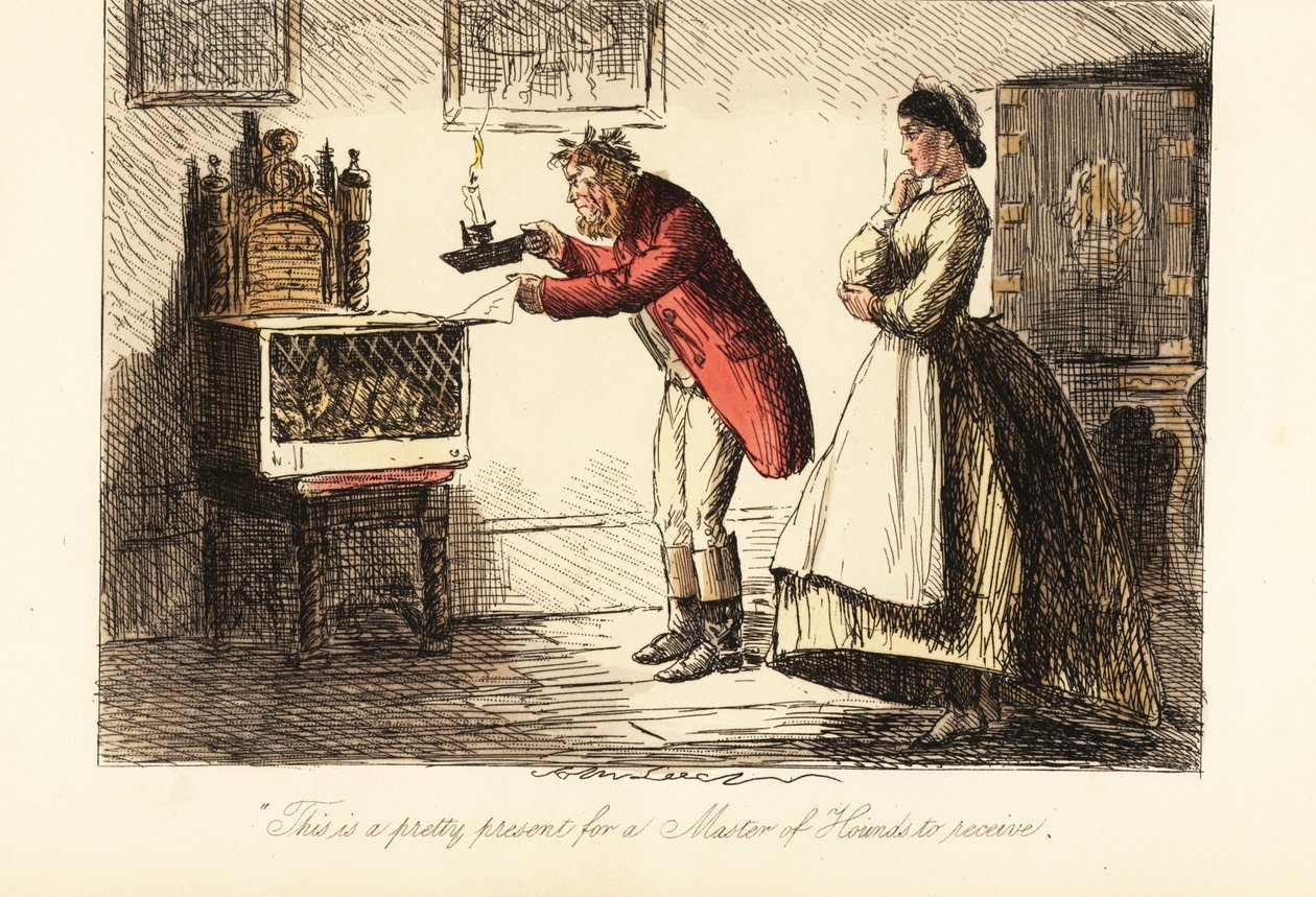 English huntsman in hunting pinks and boots examining a fox in a cage by candlelight by John (after) Leech