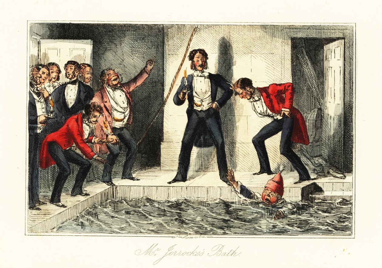 Gentleman in Night Clothes Struggling in a Swimming Pool at a Stately Home by John (after) Leech