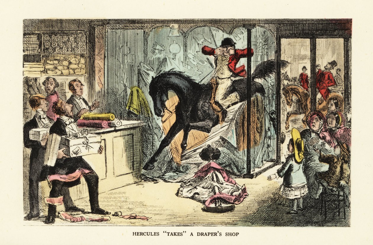 Horse and drunk huntsman crashing through a shop window by John (after) Leech
