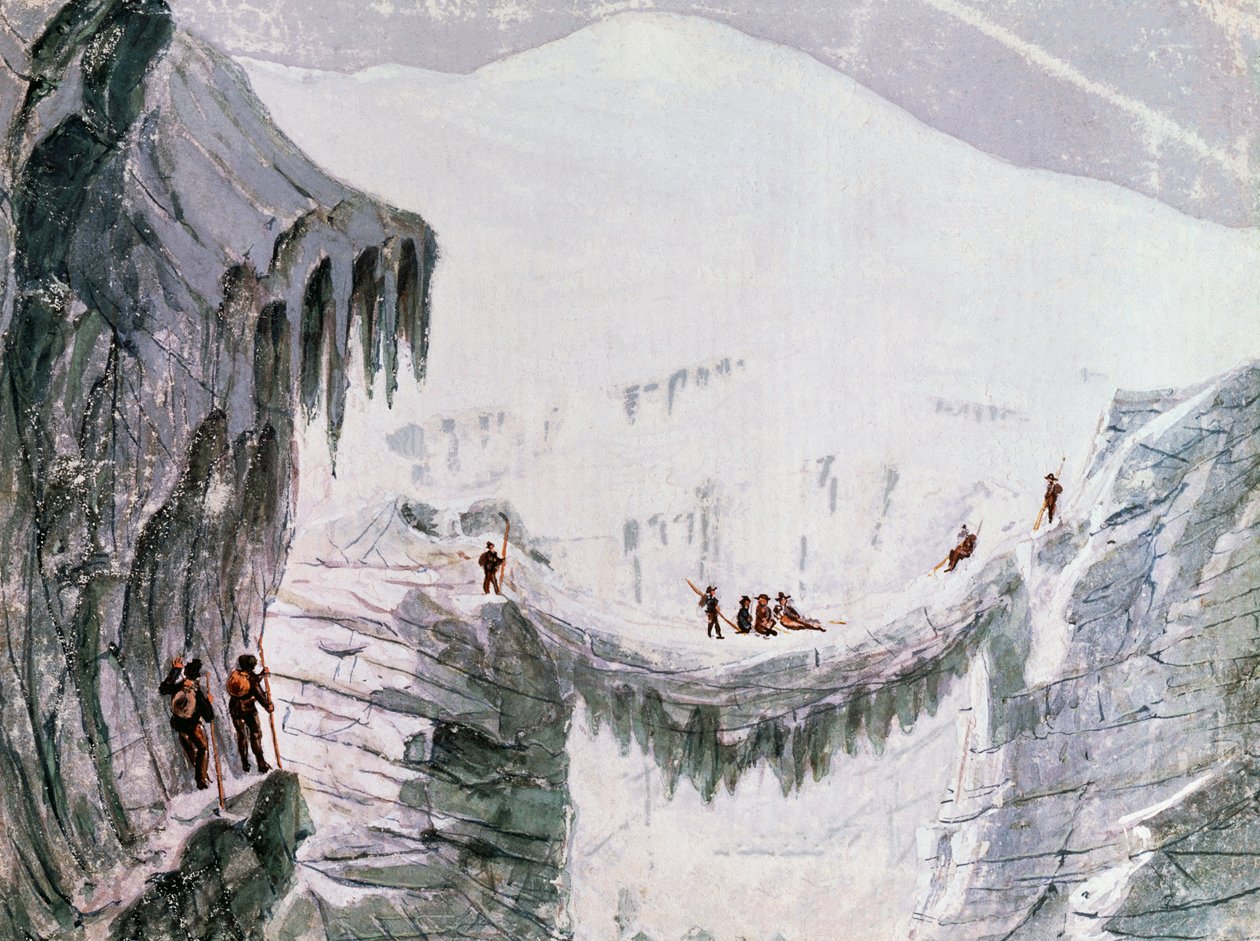 Climbing Mont Blanc, climbers suspended from crevasse by Walter Charles Mills