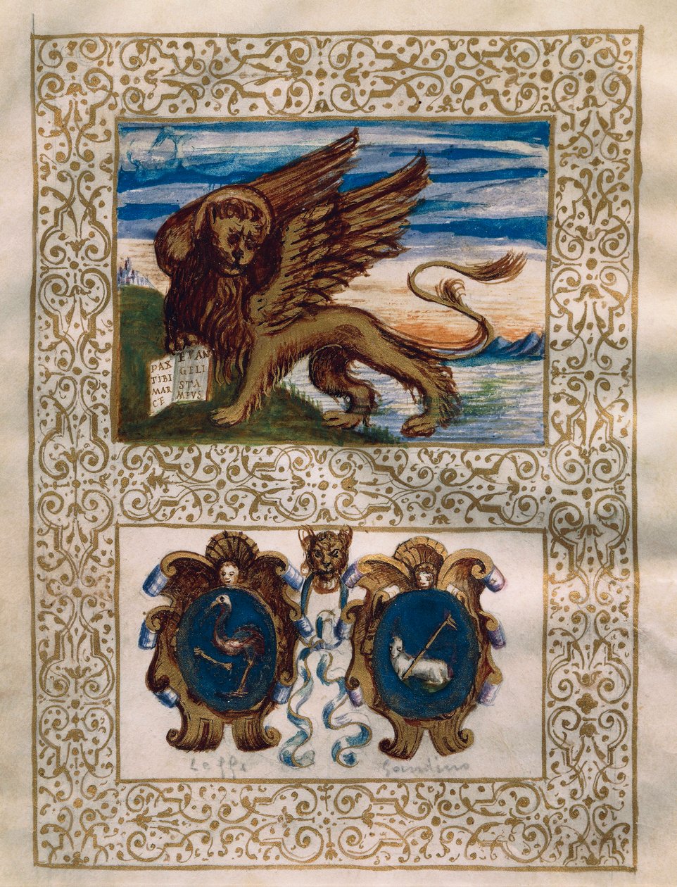 The winged lion of Venice and the Leffe and Gandino coats of arms, miniature from the Privilegio della Serenissima alla Val Gandino by Walter Charles Mills