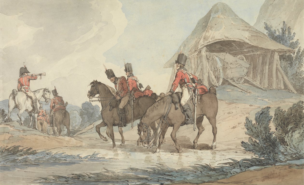 Cavalrymen Passing Through a Stream, Being Mustered by a Trumpeter by John Augustus Atkinson