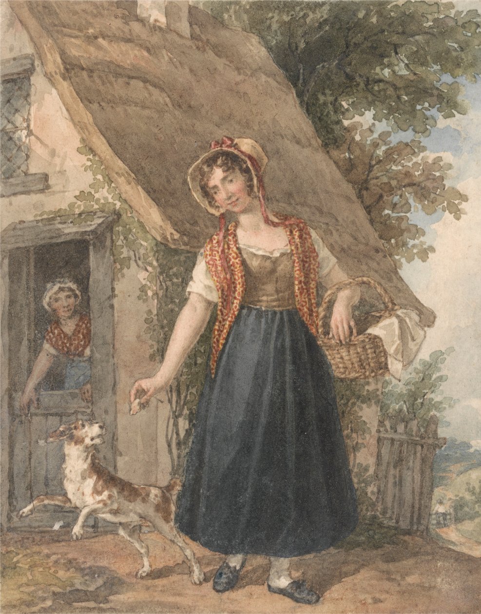 Young Woman with Dog Outside a Cottage Doorway by John Augustus Atkinson