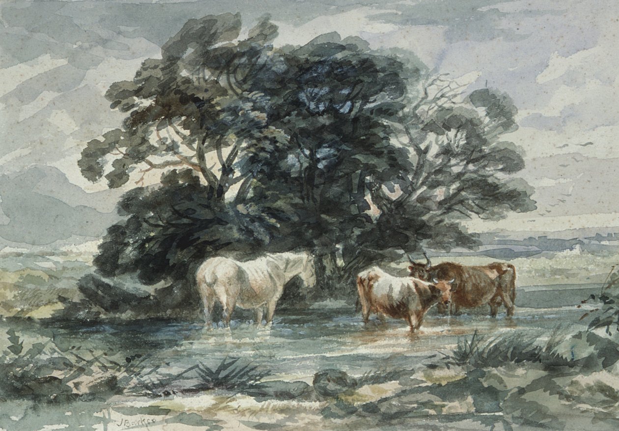 Landscape, Two Cows and a Horse Standing in Water by John Barker