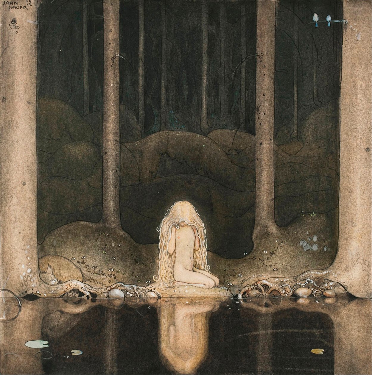 Princess Tuvstarr looking at the water of the lake with nostalgia by John Bauer