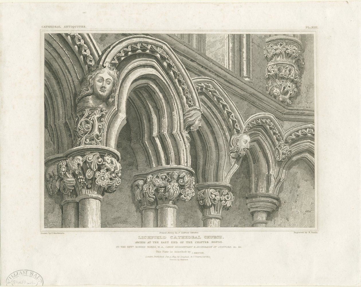 Interior of Lichfield Cathedral - Arches in Chapter House: Engraving by John Britton