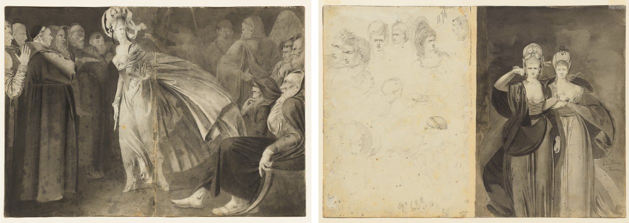 Woman Standing among the Friars (recto) Sketches of Heads (verso, left); Two Women (verso, right) by John Brown