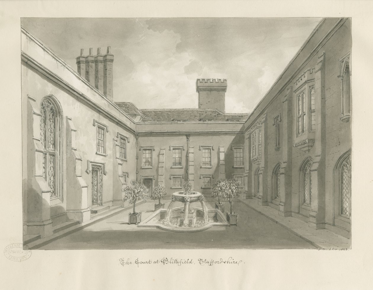 Blithfield Hall - Courtyard: Sepia Drawing by John Buckler