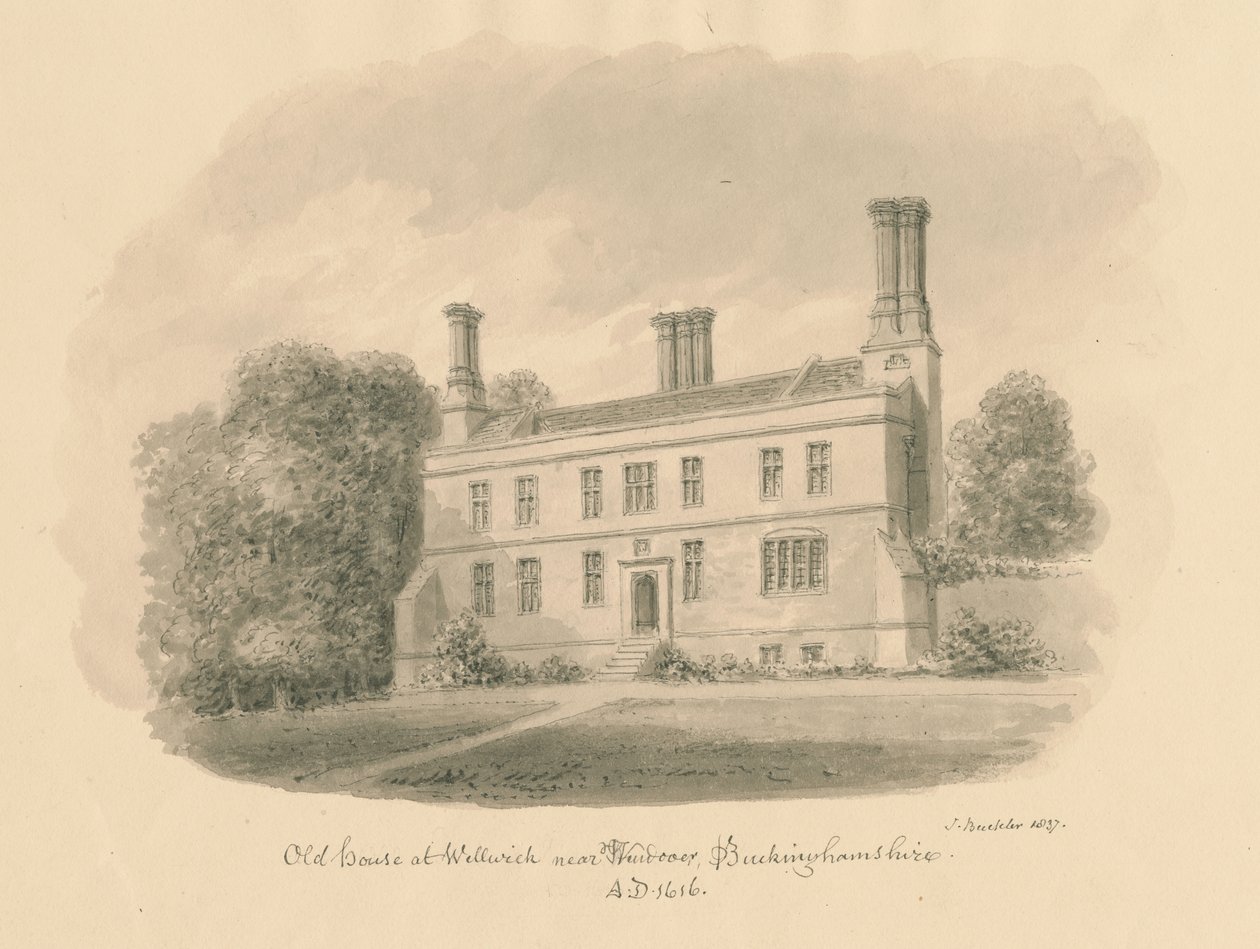 Buckinghamshire - Wellwick - Old House: Sepia Drawing Vignetted, 1837 by John Buckler