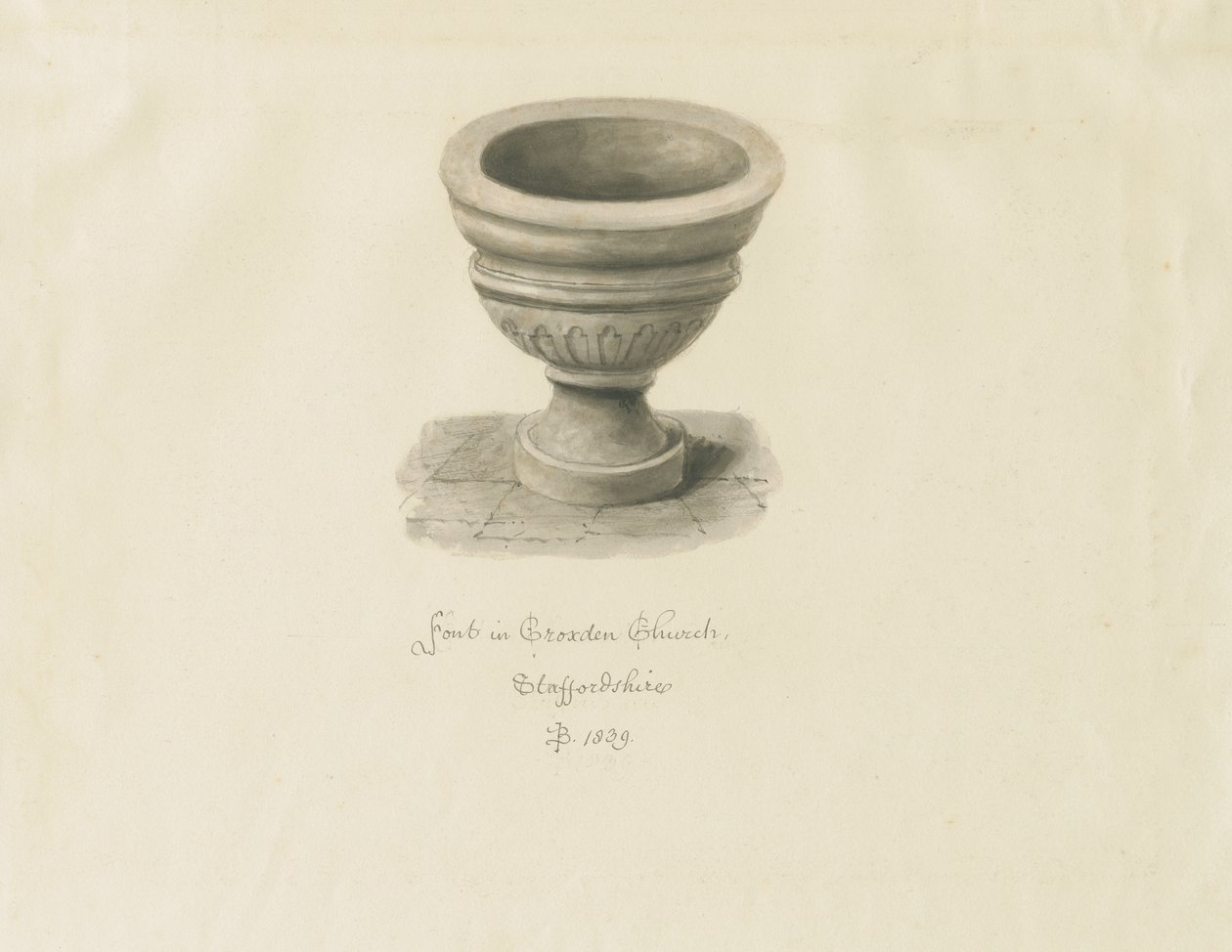 Croxden - Font in the Guest Chapel: Sepia Drawing by John Buckler