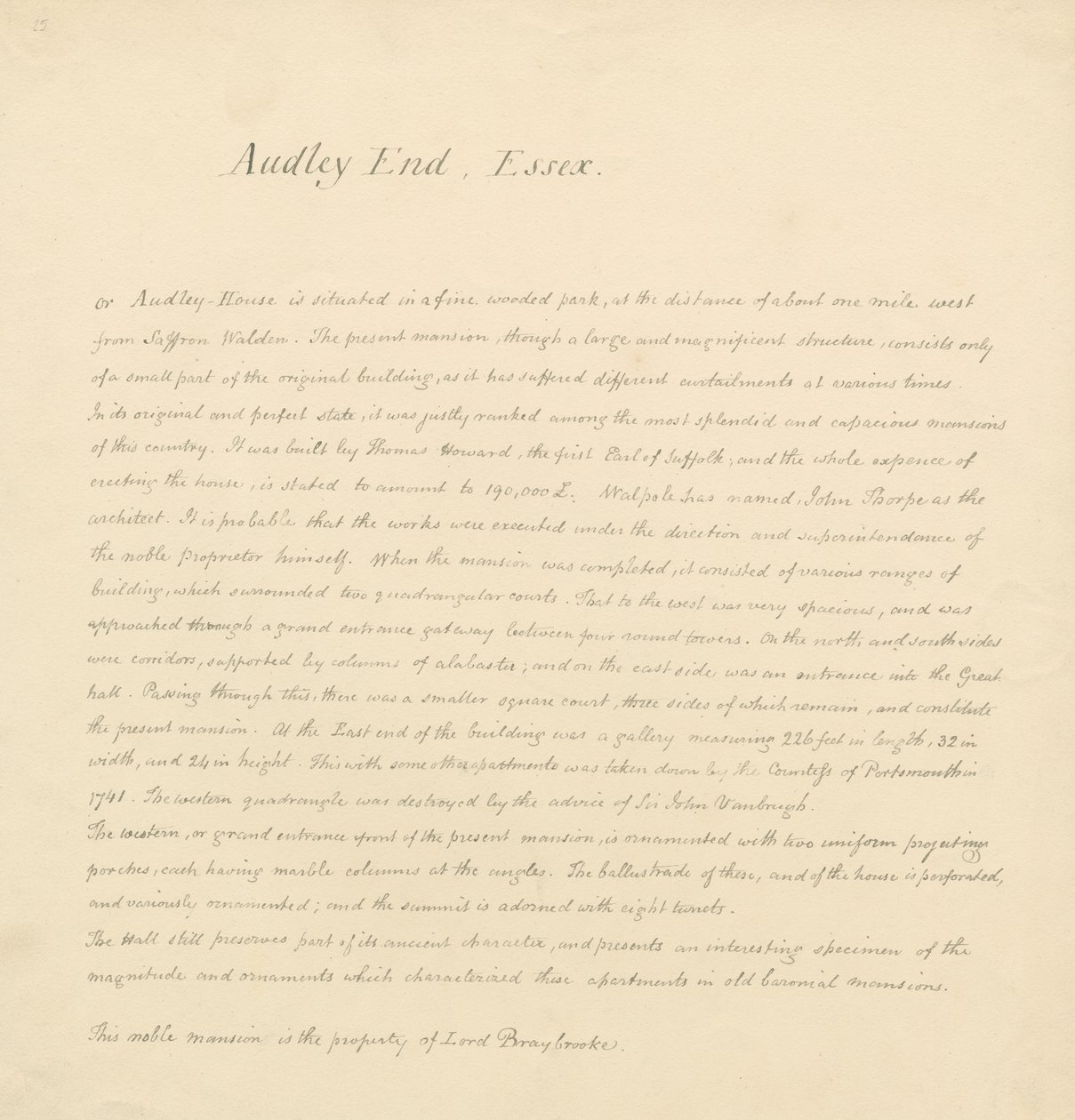Essex - Audley End - Historical Description: manuscript by John Buckler
