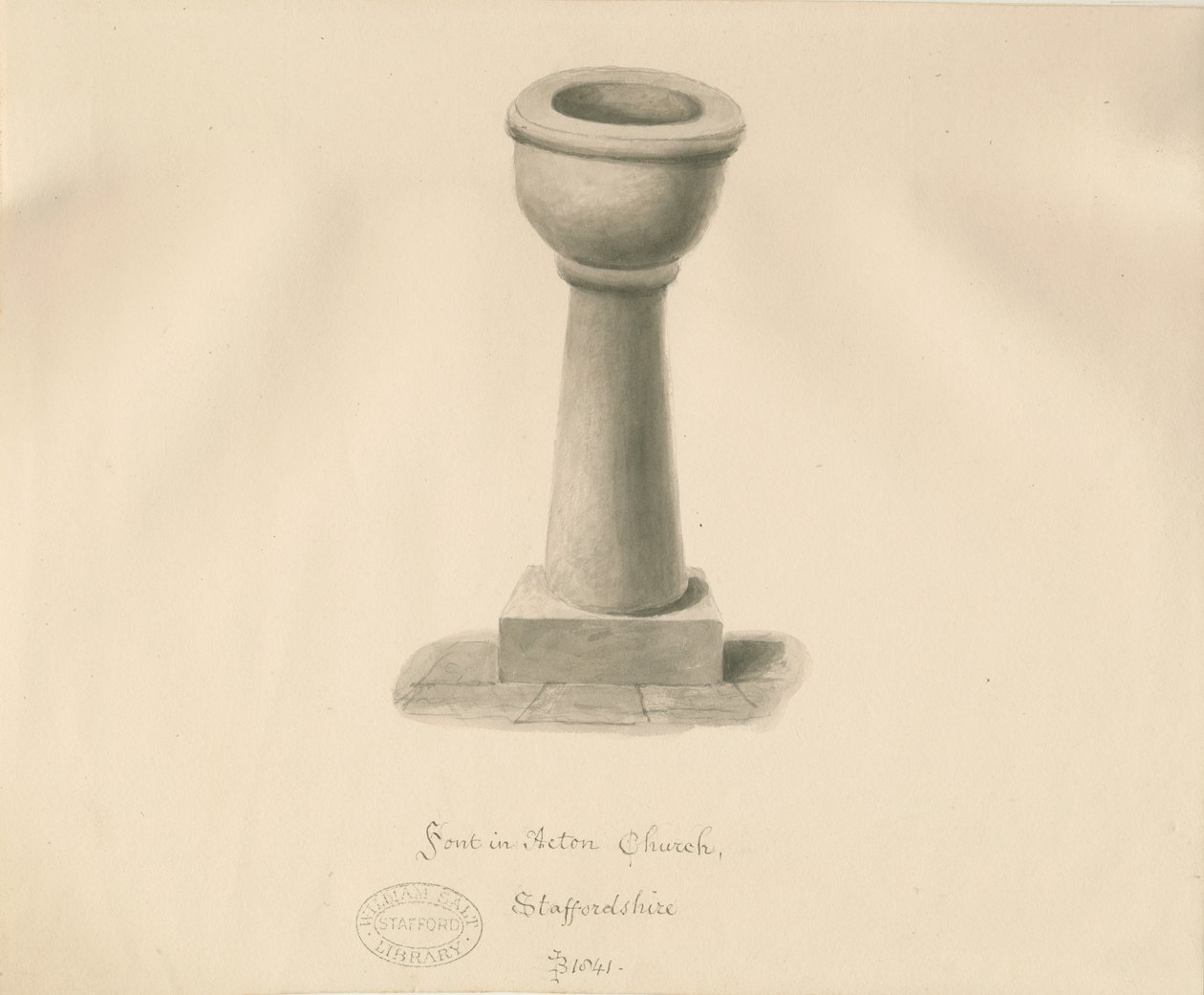 Font in Acton Trussell Church (sepia drawing), 1841 by John Buckler