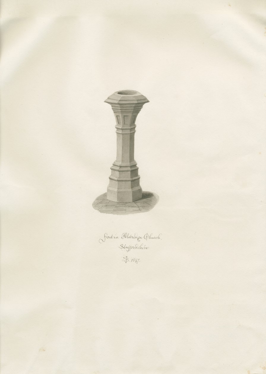 Font in Aldridge Church: Sepia Drawing by John Buckler