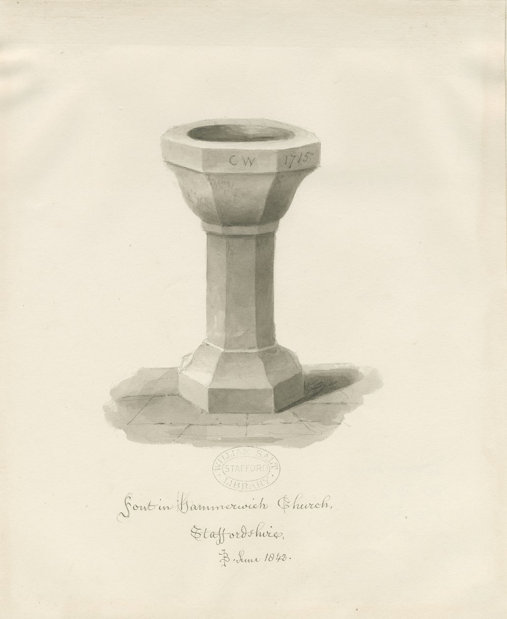Font in Hammerwich Church by John Buckler