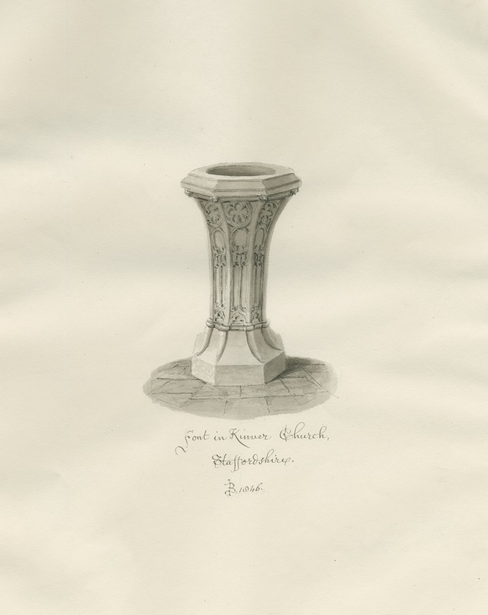 Font in Kinver Church: Sepia Drawing by John Buckler