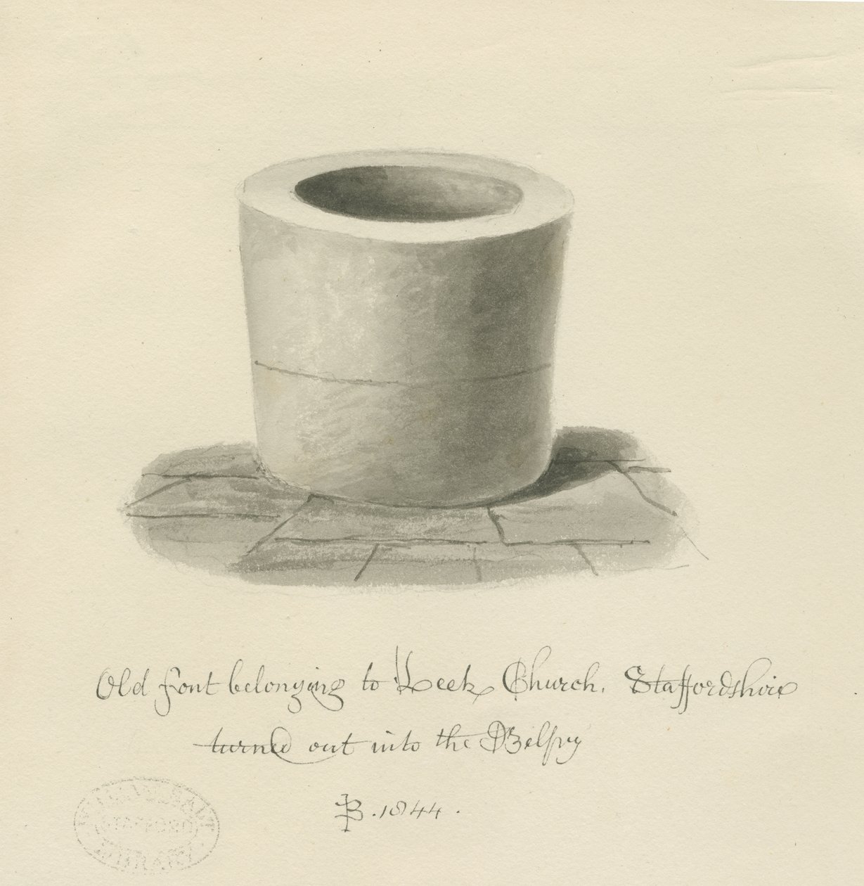 Font in Leek Church by John Buckler