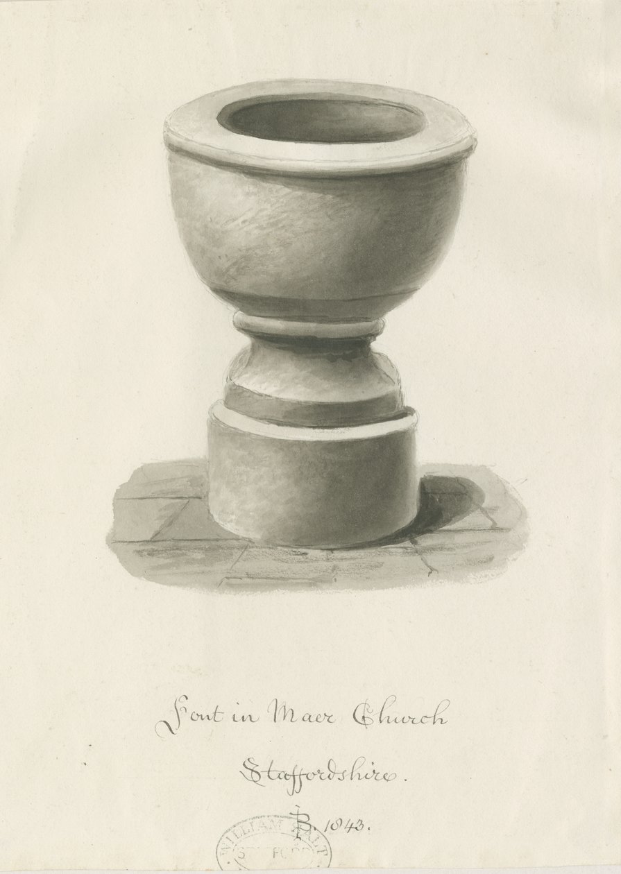 Font in Maer Church by John Buckler