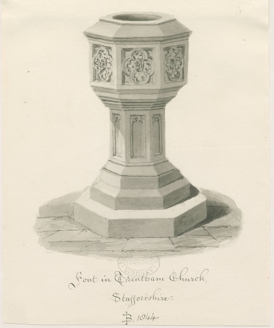 Font in Trentham Church by John Buckler