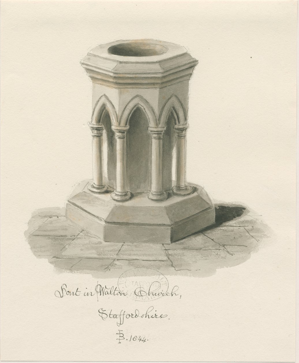 Font in Walton-on-the-Hill Church by John Buckler