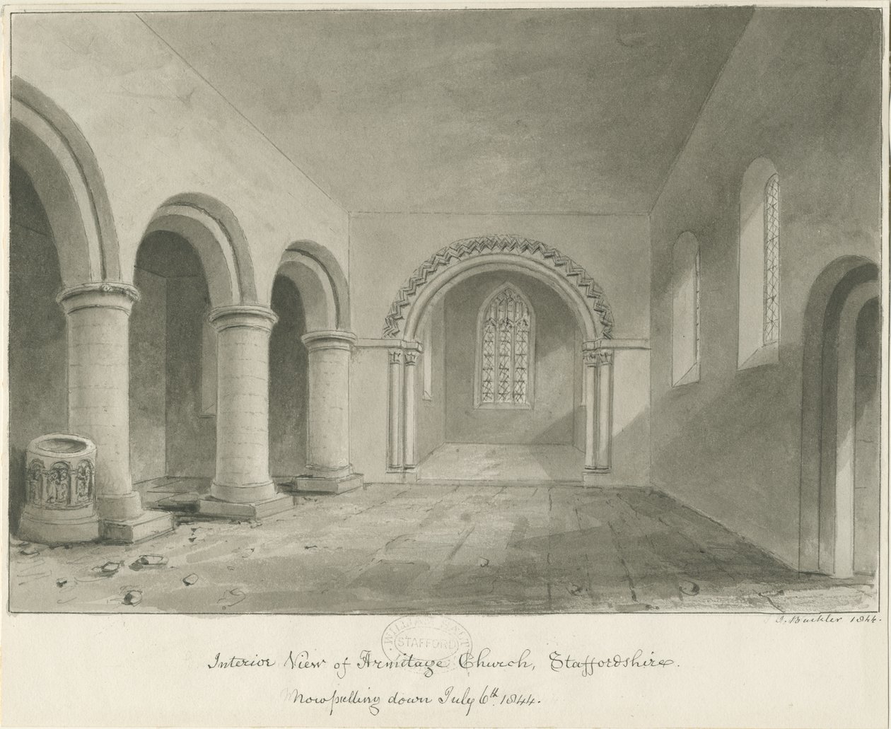 Interior of Armitage Church, 6 Jul 1844 by John Buckler