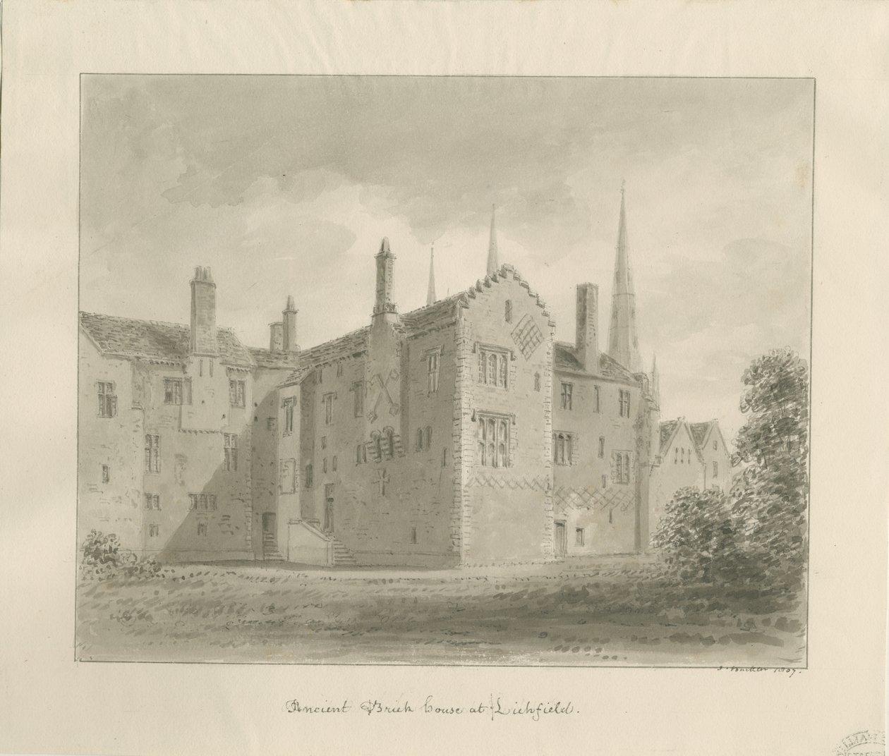 Lichfield - Old House in The Close: Sepia Drawing by John Buckler