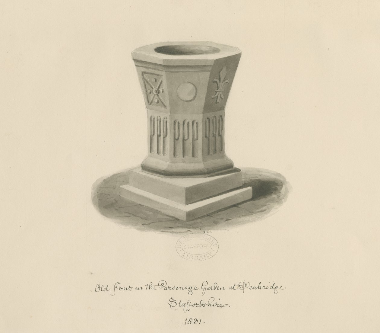 Penkridge - Font in Parsonage Garden: sepia drawing by John Buckler